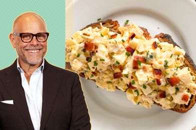 alton brown cut-out over a blue and yellow background next to a photo of his egg salad on toast 