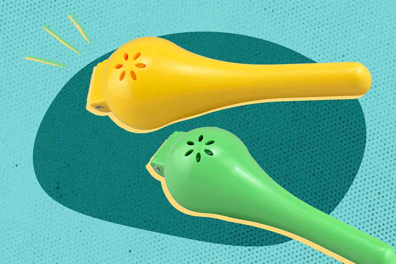 Two citrus squeezers one yellow and one green on a stylized background