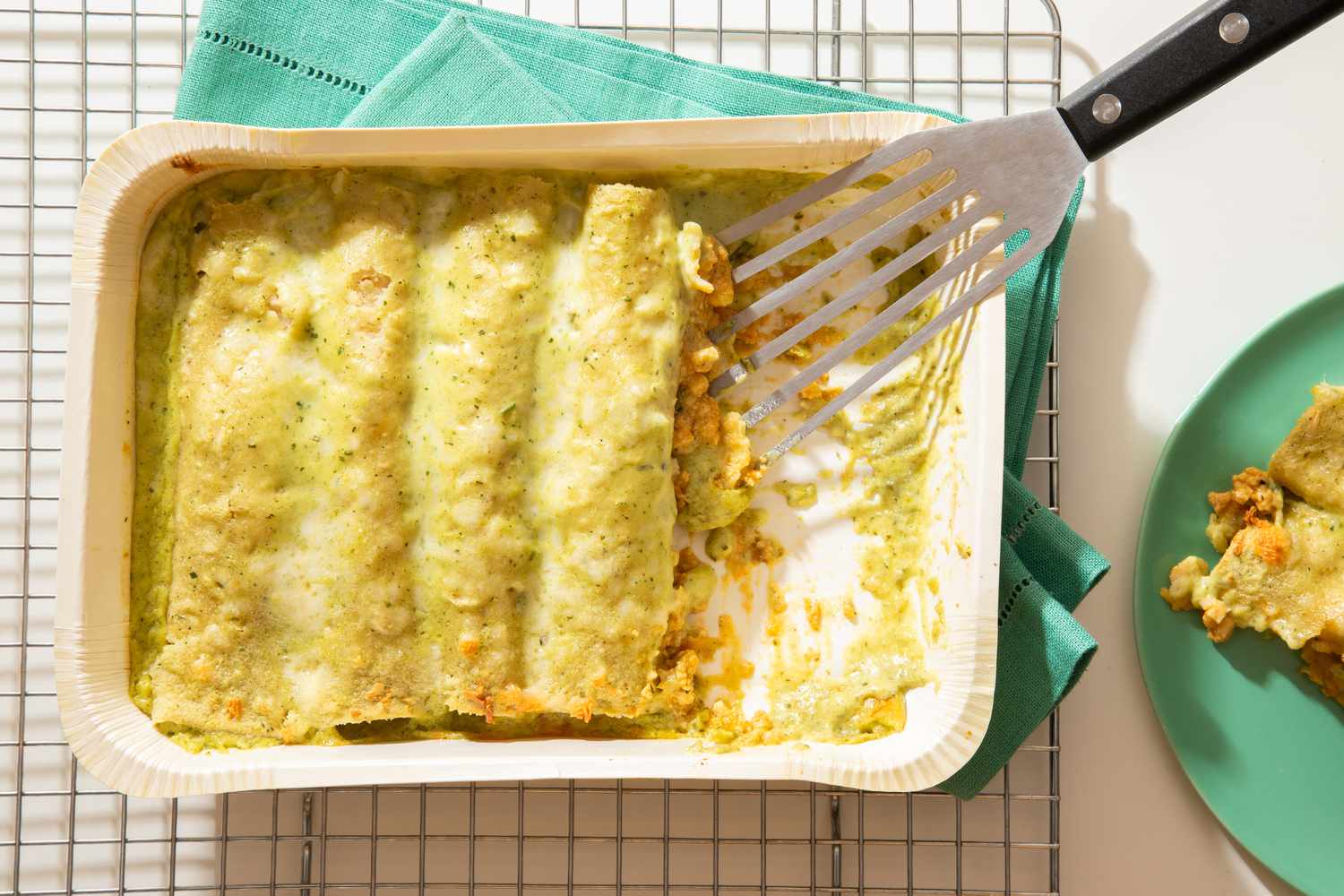 Cooked Amy's family sized roasted poblano enchiladas being served