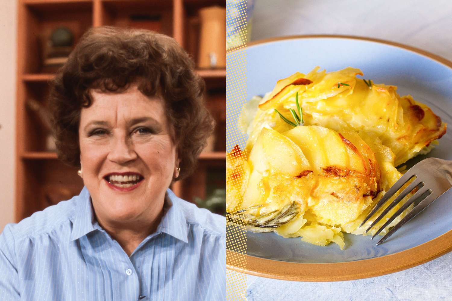Julia Child wearing a blue, button-down blouse next to a serving of potatoes dauphinoise on a plate