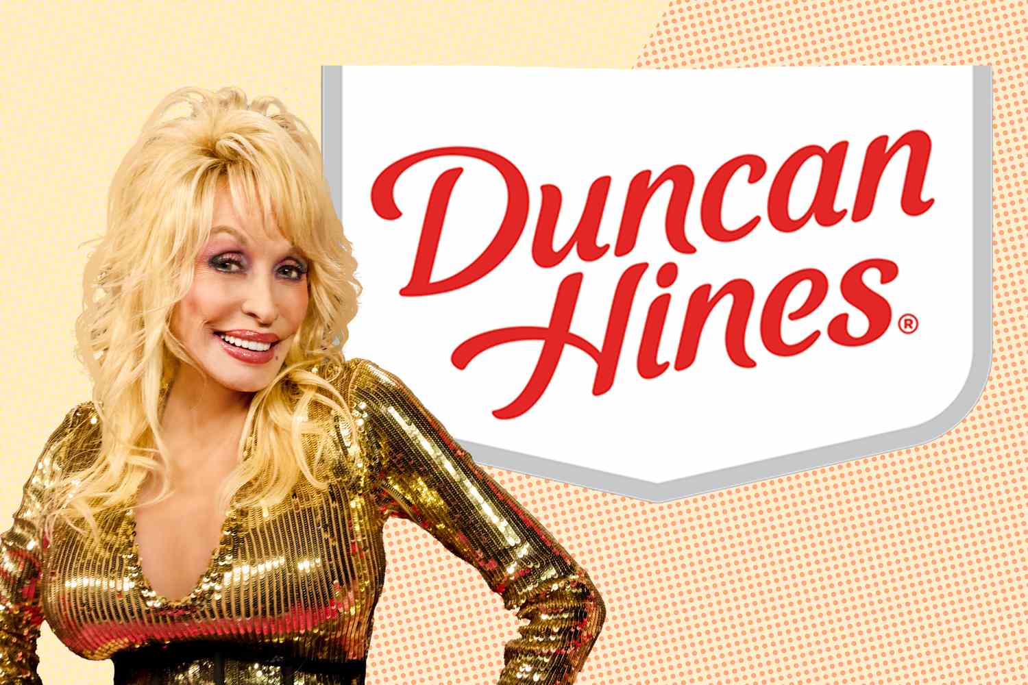Dolly Parton smiling next to the Duncan Hines logo