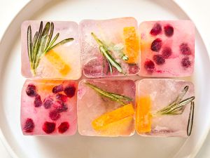 Six ice cubes containing fruits and herbs displayed on a white plate