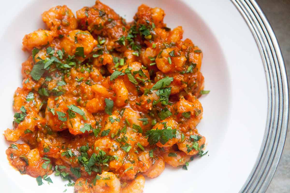pink shrimp with spanish romesco sauce