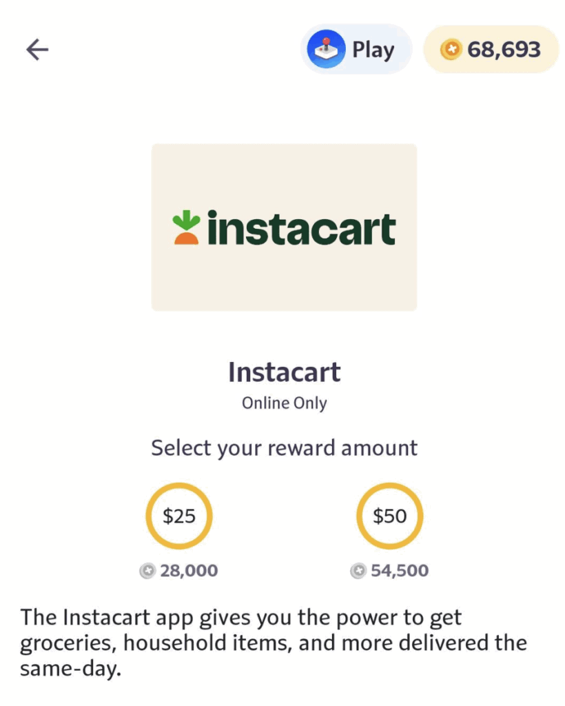 Instacart gift card on Fetch Rewards